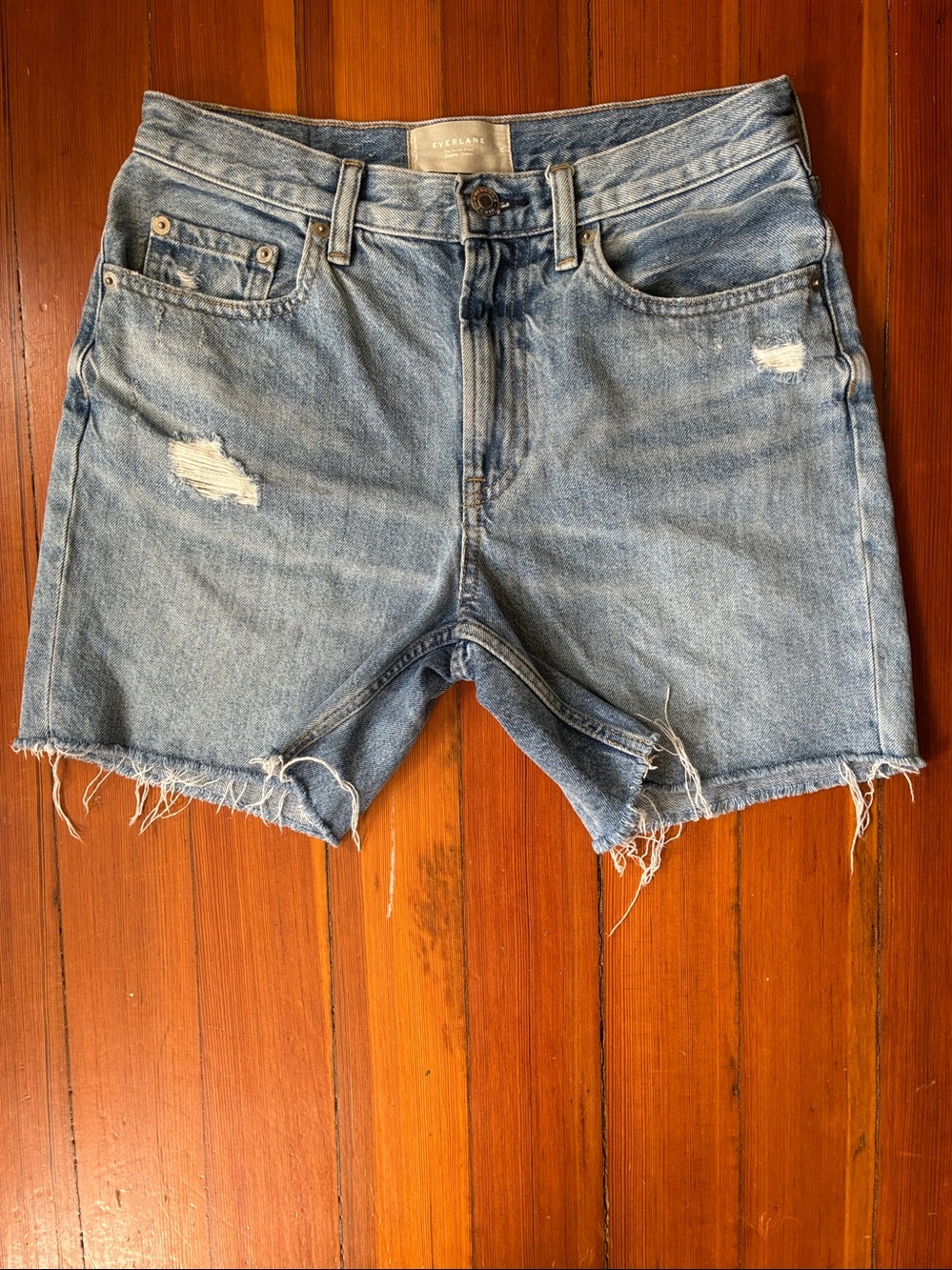 Everlane 100% organic cotton denim shorts size 25 light blue distressed denim